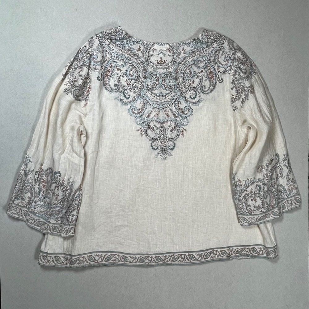 J. Jill Paisley Linen Tunic Womens 1X Cream Blue Boho 3/4 Bell Sleeve Top - Picture 3 of 8